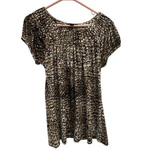 Style & Co Blouse Brown Tan Snakeskin Animal Print Pleated Neck Poly Spandex M
